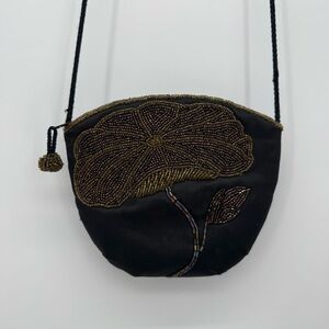 Vintage Genie Black Beaded Flower Crossbody Evening Purse Formal